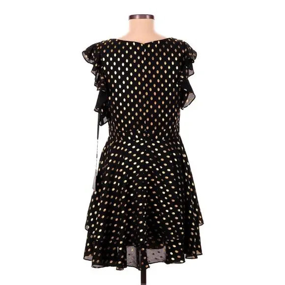 Mac Duggal Leena Flutter Sleeve Gilted Gold Polka Dot Wedding Guest Event Dress - Picture 2 of 6